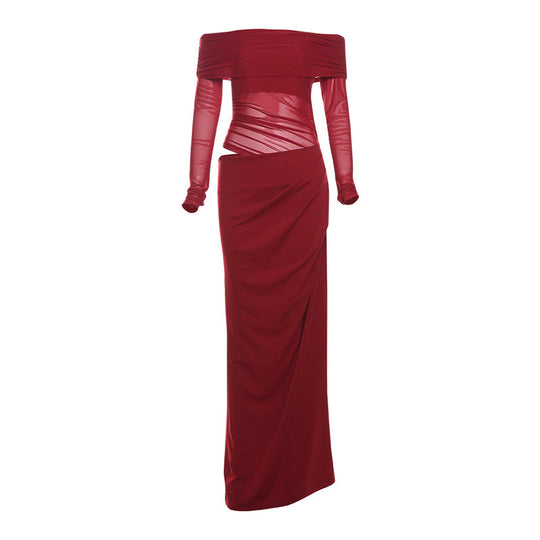 Damen Off-Shoulder Maxikleid mit figurbetonendem Design und Raffung EB
