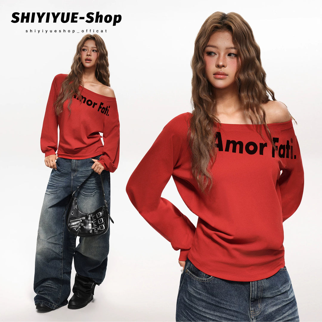 Damen nan schulterfreier Oversize-Sweatshirt mit großem Frontprint und legeren Ballonärmeln EB