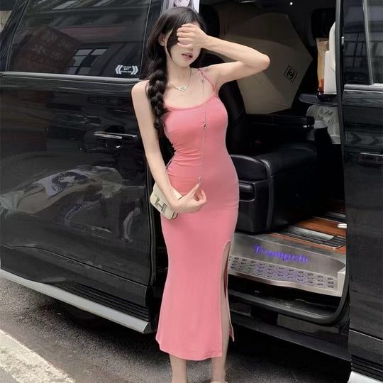 Damen figurbetontes Midi-Kleid mit Spaghetti-Trägern und hohem Schlitz EB
