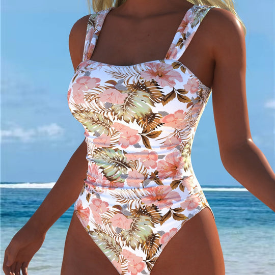 Damen Einteiliger Badeanzug mit floralen Akzenten und breiten Trägern EB