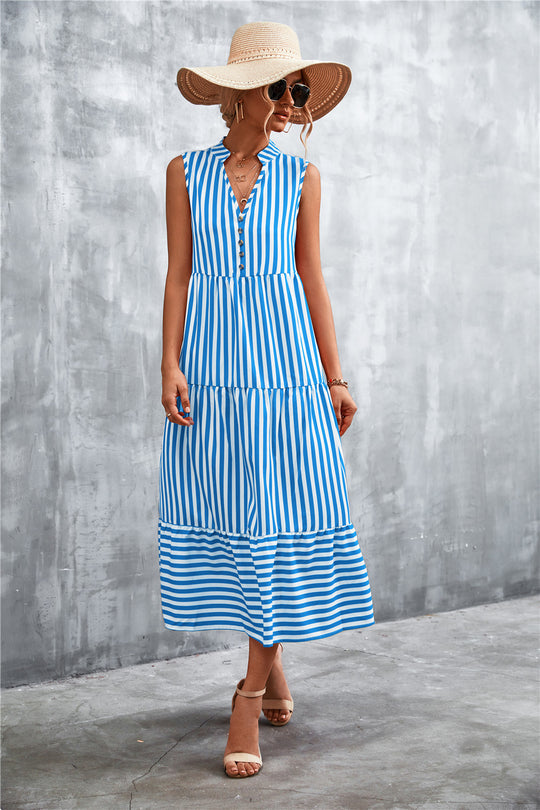Damen Maxikleid mit gestreiftem Design, durchgehendem Knopfverschluss und voluminösem Saum EB