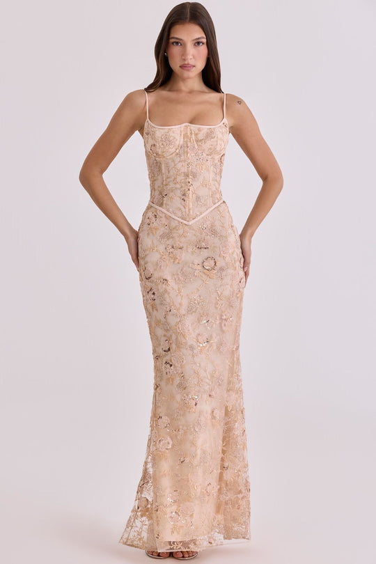 Damen nan elegantes besticktes Abendkleid mit Korsettoberteil und transparentem Spitzenüberzug EB