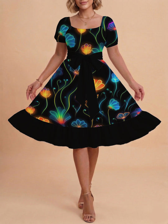 Damen Sommerkleid mit floralem Puffärmel und taillierbarem Gürtel EB