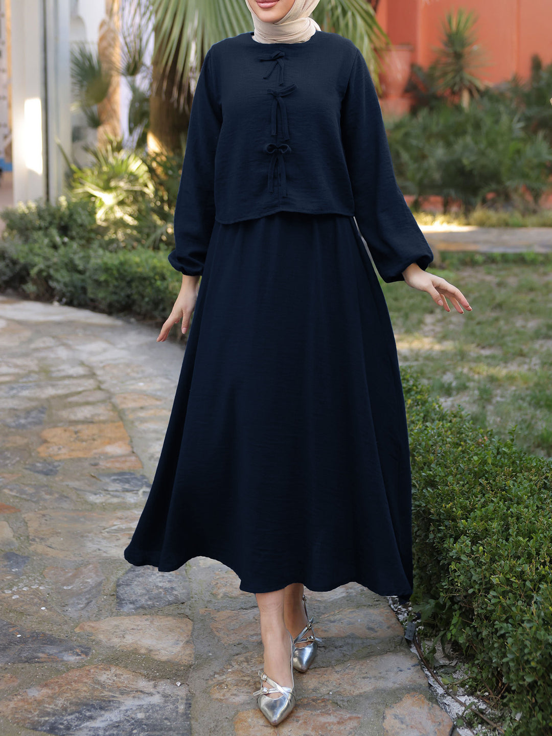 Damen Langes Zweiteiliges Maxikleid mit Überwurf, Rundhals und Zierknoten EB
