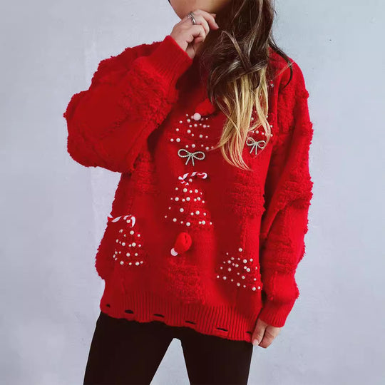Damen festlicher Pullover mit kreativen Weihnachtsmotiven und strukturiertem Design EB
