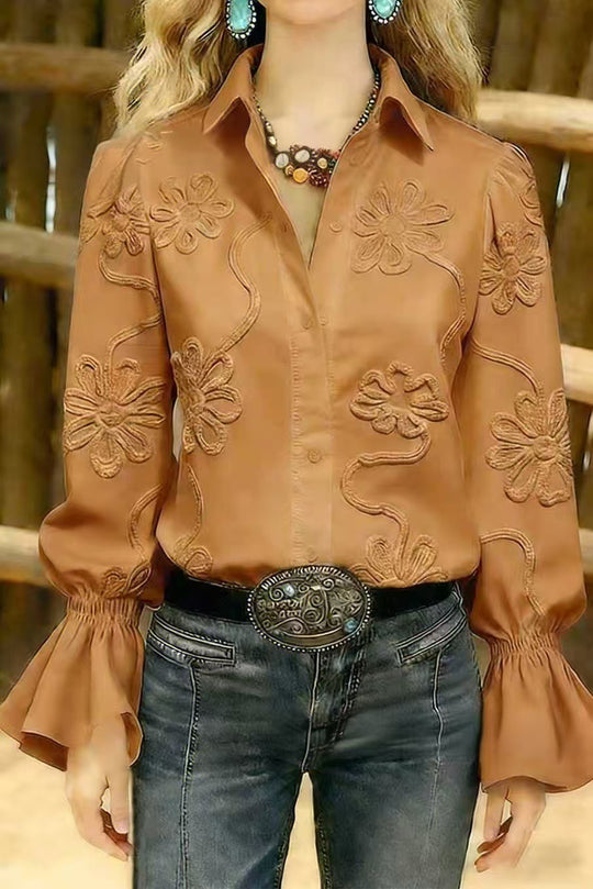 Damen elegante Bluse mit floraler Stickerei und voluminösen Ärmeln EB