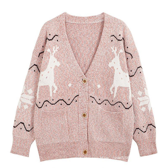 Damen Gemütlicher Cardigan mit Rentier-Motiv und Taschen EB