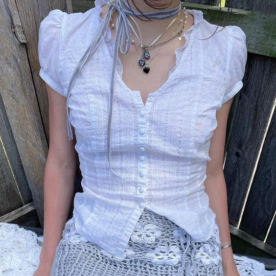 Damen Elegantes Blusenoberteil mit Rüschendetails und Knopfleiste EB