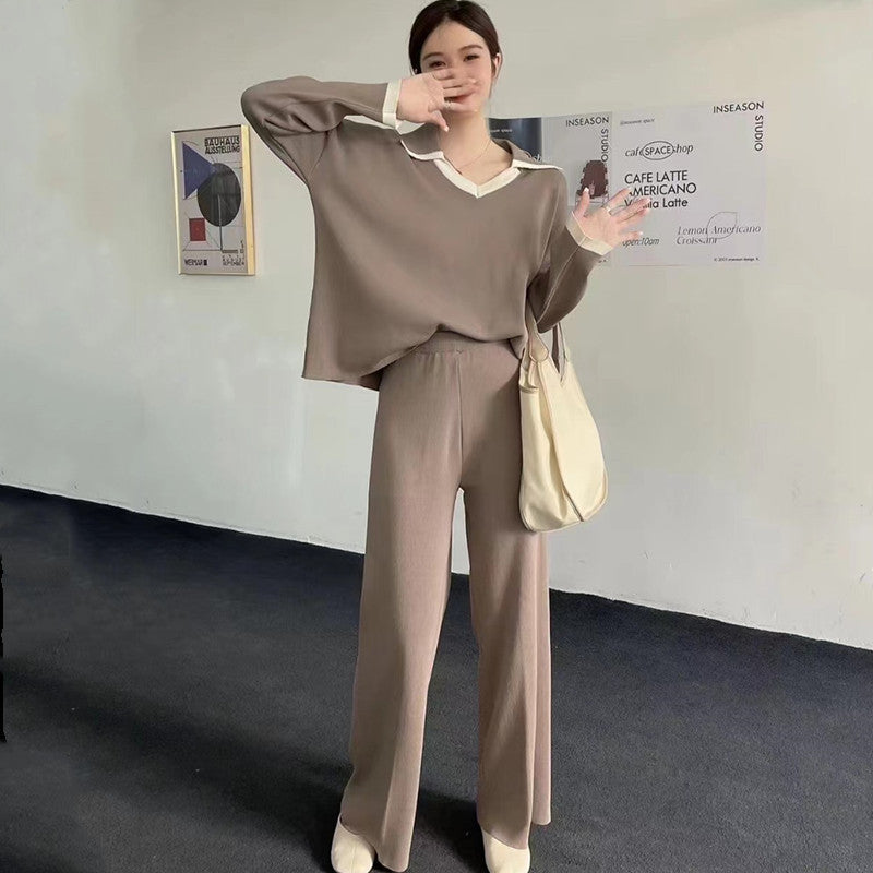 Damen elegantes und lässiges Strickensemble mit V-Ausschnitt und breitem Saum EB