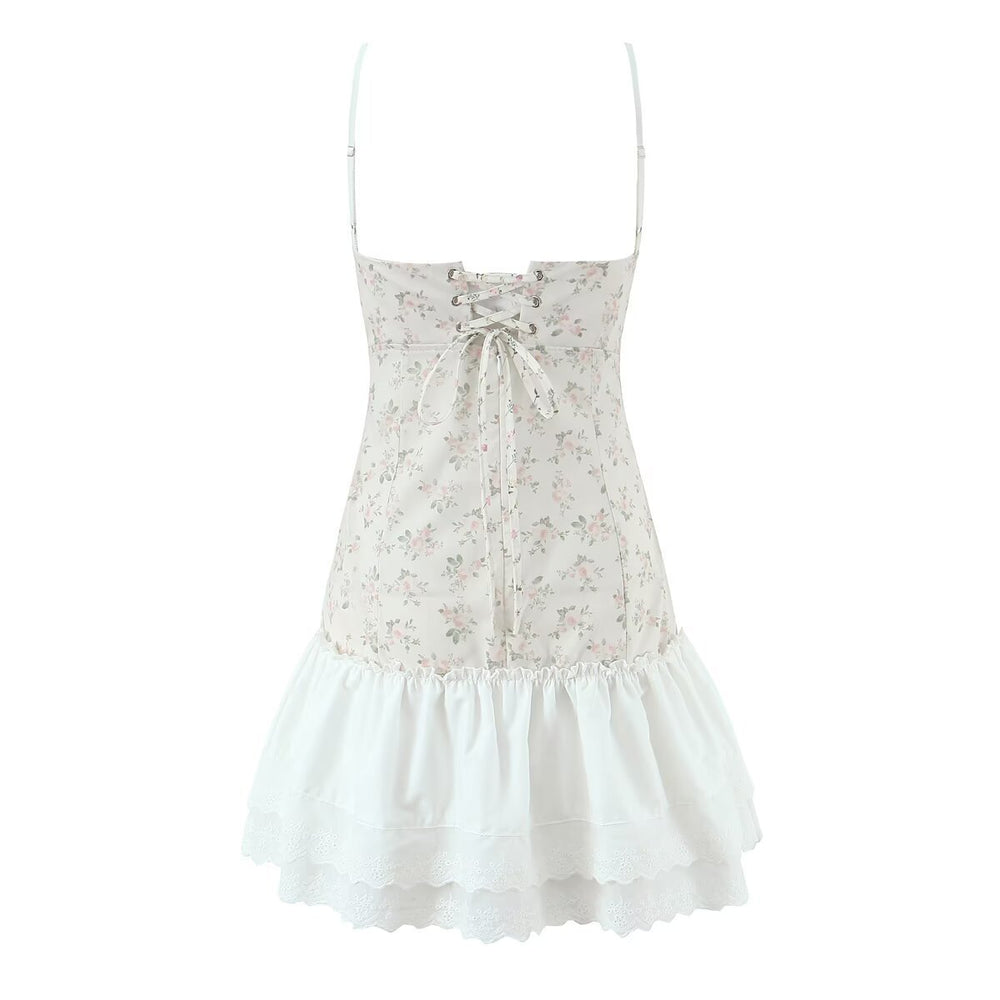 Damen luftiges Sommerkleid mit floralem Muster und voluminösem Rüschensaum EB