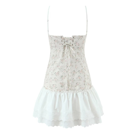 Damen luftiges Sommerkleid mit floralem Muster und voluminösem Rüschensaum EB