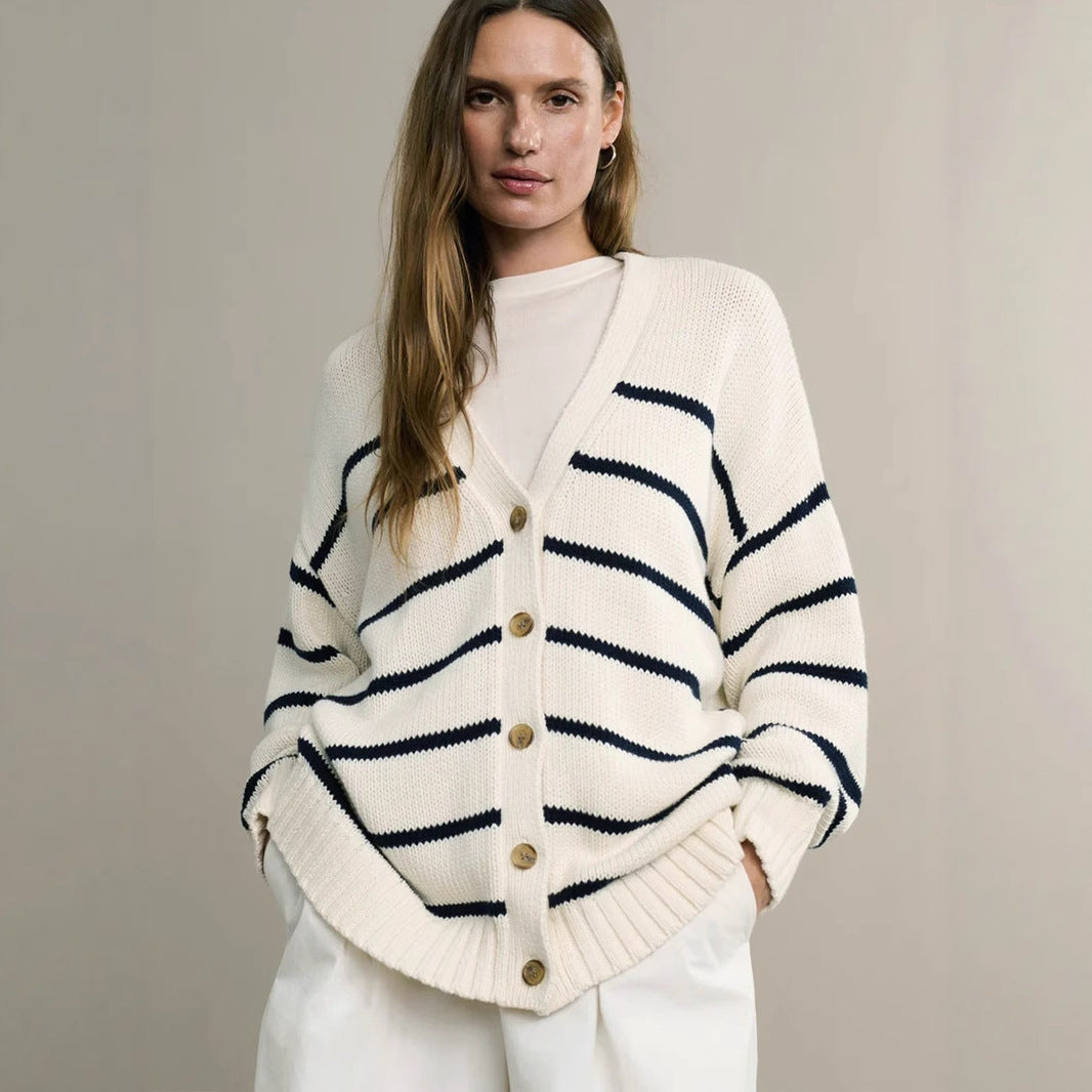 Damen Modischer Streifen-Cardigan mit Knopfleiste und lässigem Schnitt EB