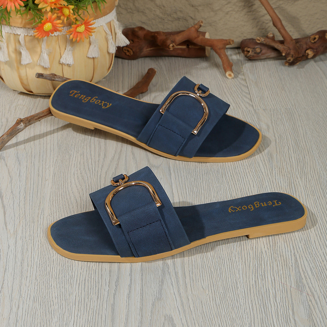 Damen elegante Slide-Pantoletten mit dekorativem Metall-Detail EB
