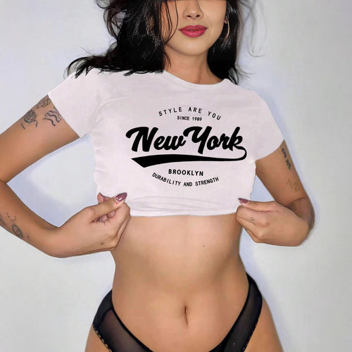 Damen Crop-T-Shirt mit kreativem New York Aufdruck EB