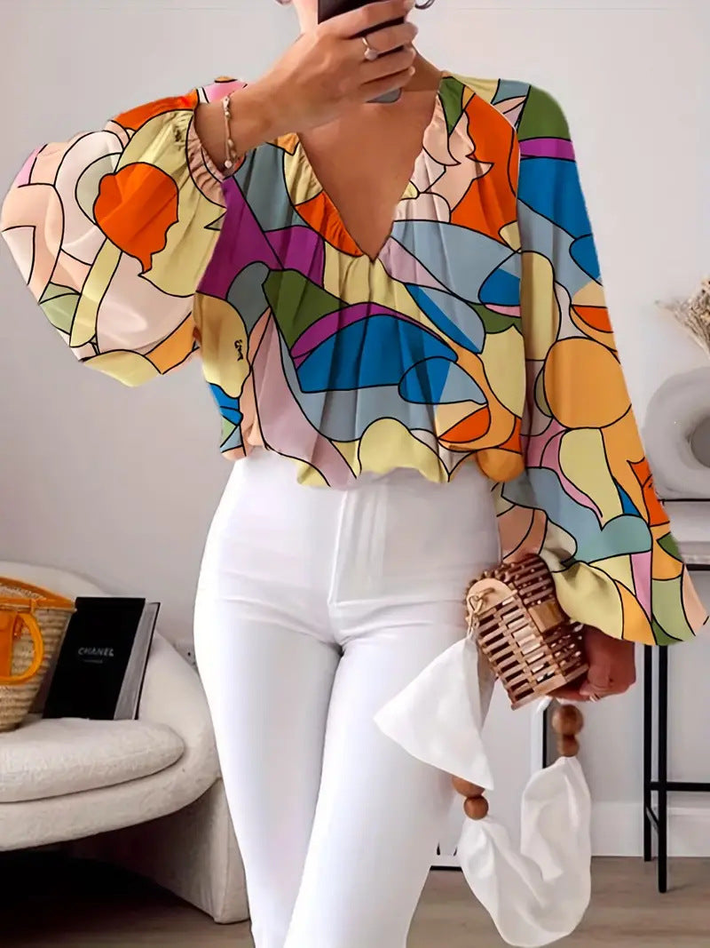 Damen Bluse mit V-Ausschnitt und modischem Grafikdesign EB