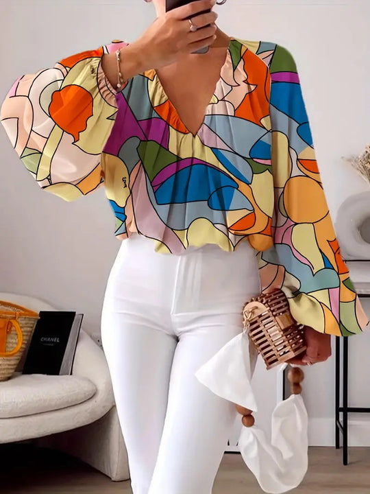 Damen Bluse mit V-Ausschnitt und modischem Grafikdesign EB