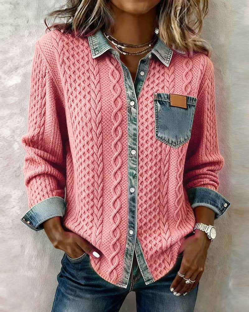Damen nan geflochtener Strickpullover mit integriertem Jeanskragen und Brusttasche EB