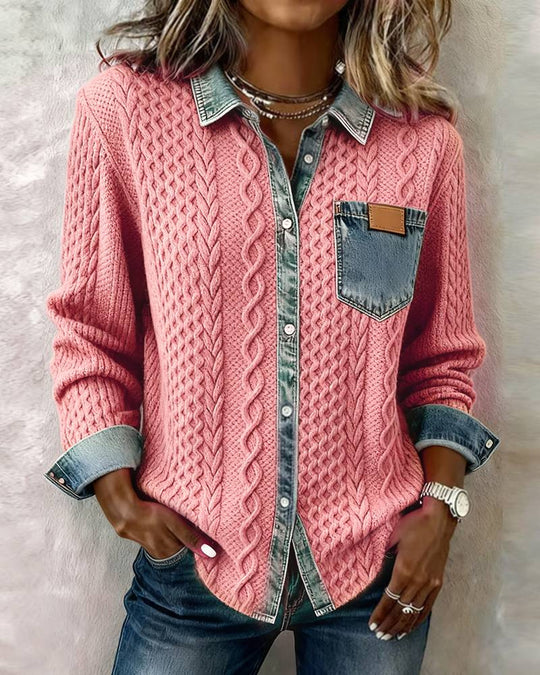Damen nan geflochtener Strickpullover mit integriertem Jeanskragen und Brusttasche EB