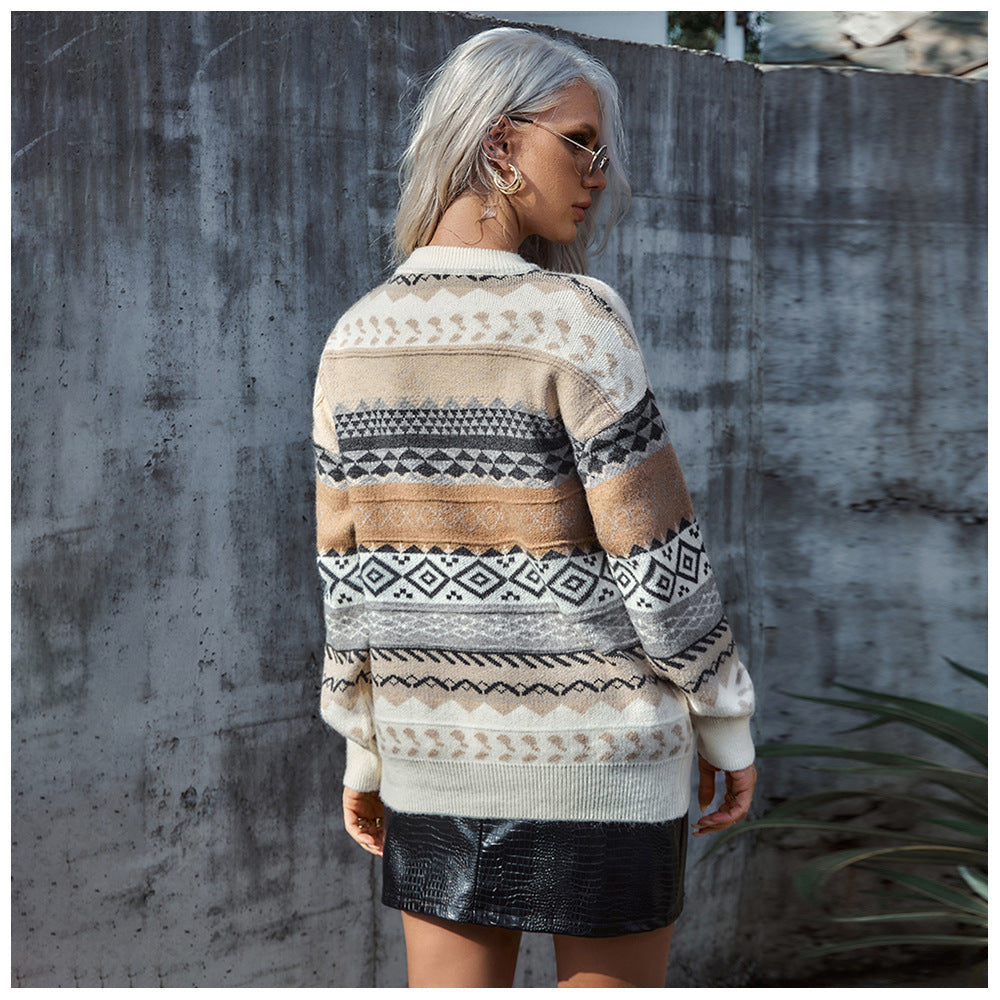 Damen Grobstrickpullover mit ethnischem Muster und weitem Schnitt EB