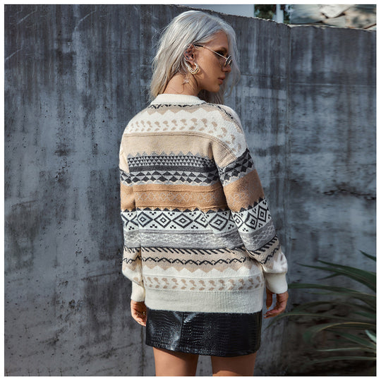 Damen Grobstrickpullover mit ethnischem Muster und weitem Schnitt EB