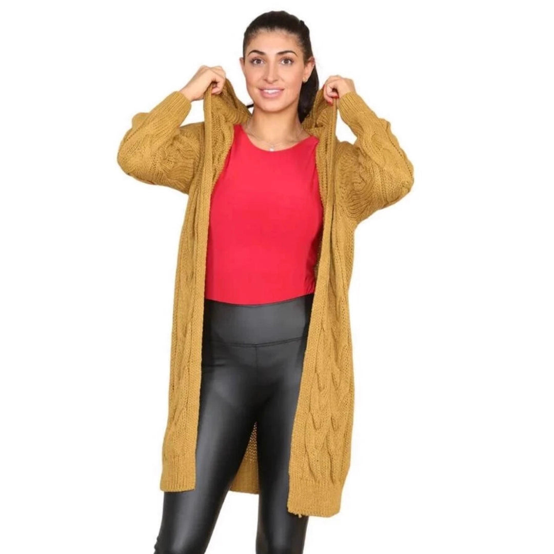 Damen Langer Strickmantel mit elegantem Zopfmuster und Kapuze EB
