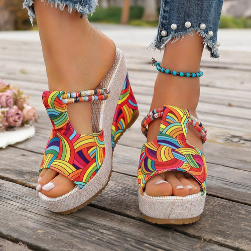 Damen modische Wedge-Sandalen mit buntem Mustermix und bequemer Sohle EB