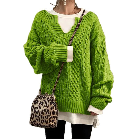 Damen nan weit geschnittener Strickpullover mit Zopfmuster und V-Ausschnitt EB