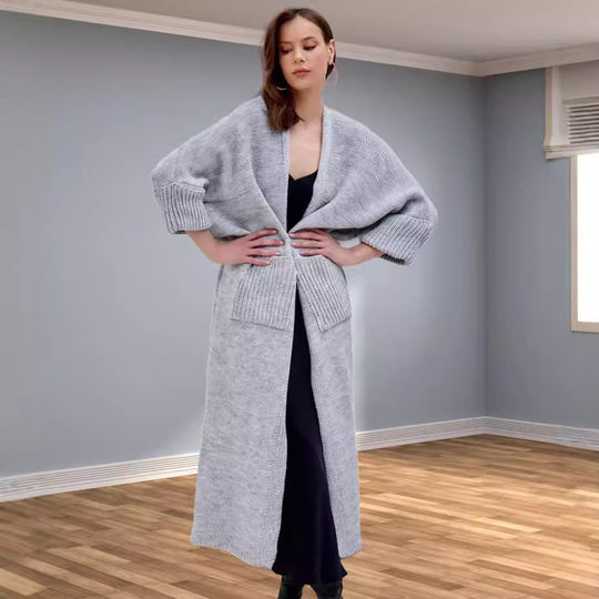 Damen Grobstrickmantel mit praktischen Taschen und elegantem V-Ausschnitt EB