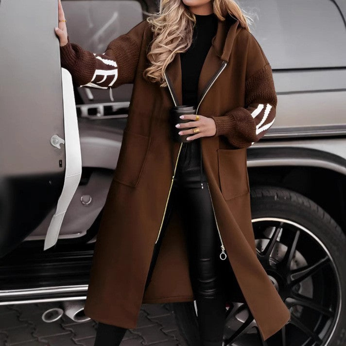 Damen Oversized Kapuzenmantel mit seitlichen Taschen und Reißverschluss EB
