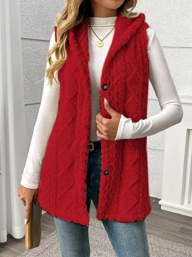 Damen Kuschelige Fleece-Weste mit Kapuze und Knopfverschluss EB