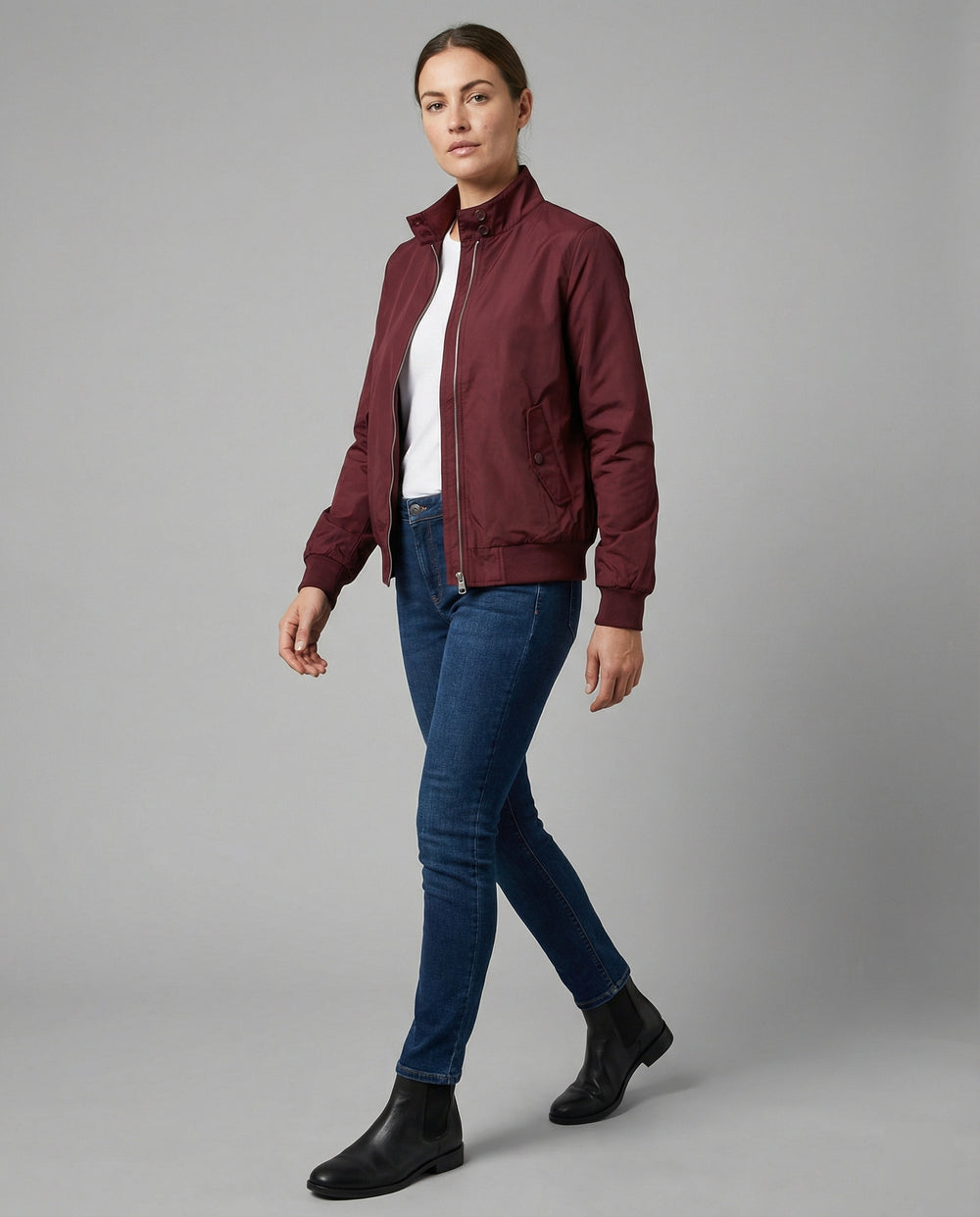 Damen leichte Stehkragen-Übergangsjacke mit Frontreißverschluss und Nahttaschen EB