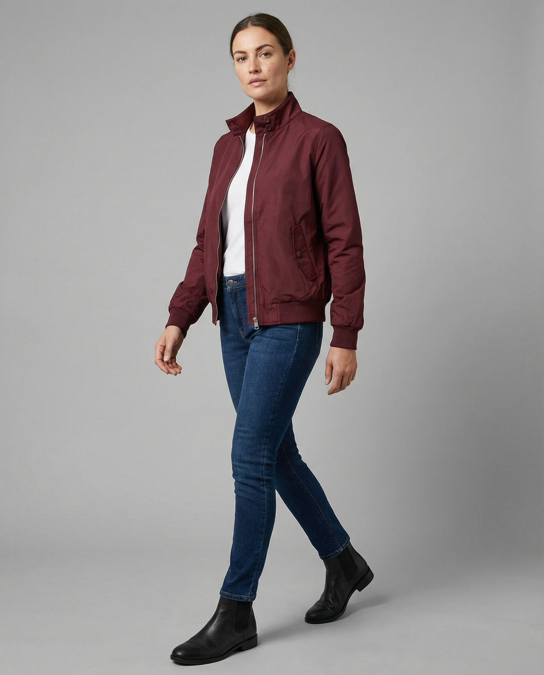 Damen leichte Stehkragen-Übergangsjacke mit Frontreißverschluss und Nahttaschen EB