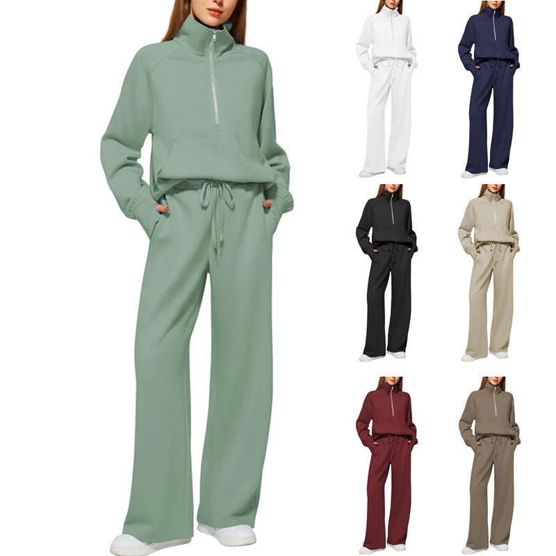 Damen nan halbzip Lounge-Set mit hohem Stehkragen, Kängurutasche und weiten Highwaist-Jogginghose EB