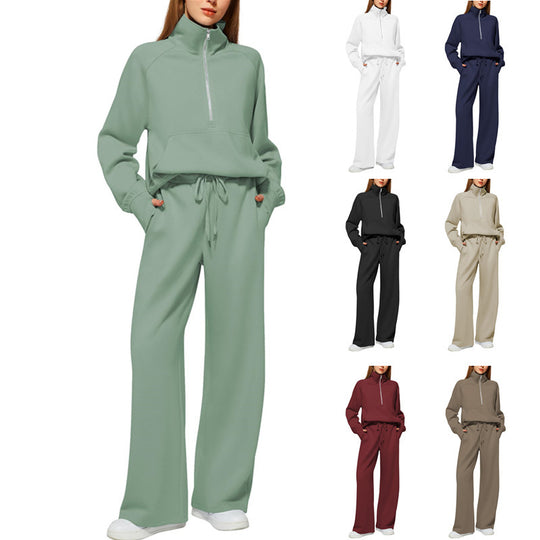 Damen nan halbzip Lounge-Set mit hohem Stehkragen, Kängurutasche und weiten Highwaist-Jogginghose EB