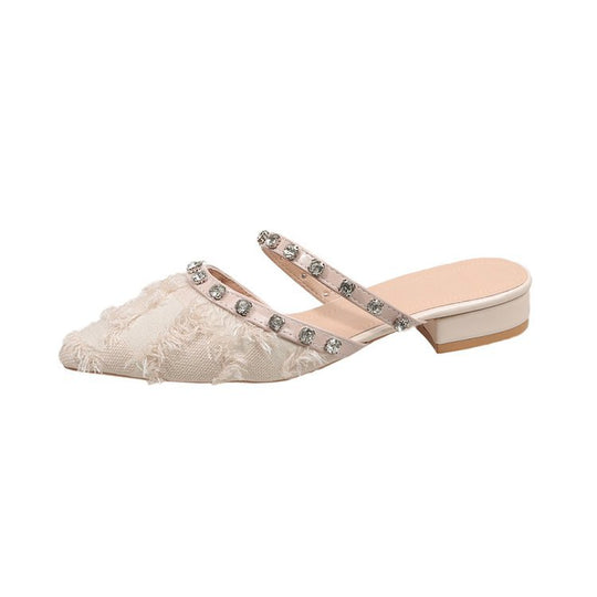 Damen elegante Mules mit schimmerndem Riemen und Fransen EB