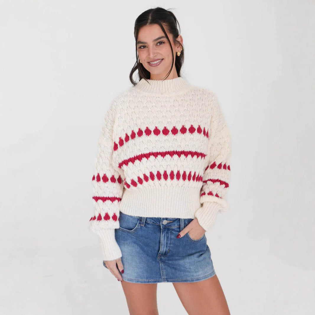 Damen Strickpullover mit modernem Zopfmuster und voluminösen Ärmeln EB