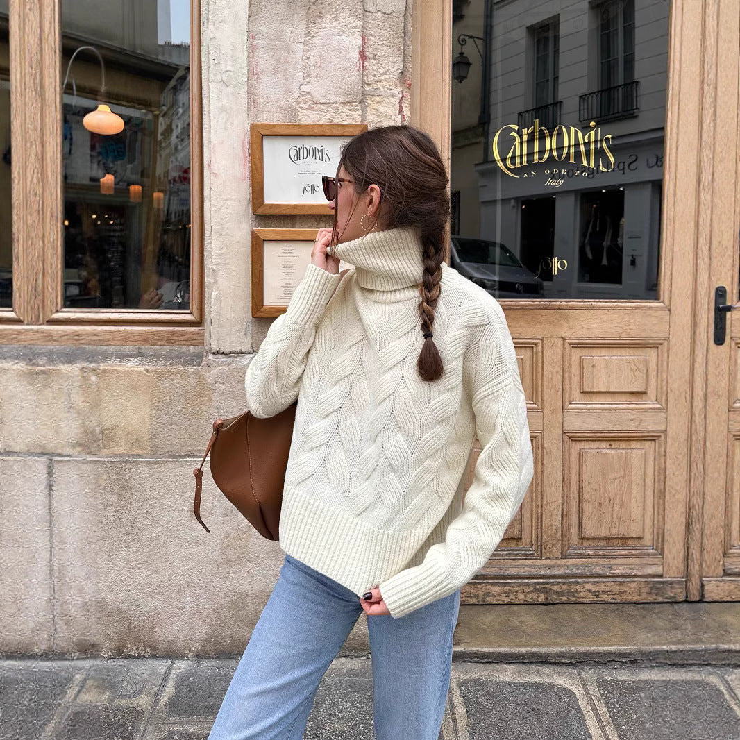 Damen gemütlicher Pullover mit hohem Kragen und Kabelstrick EB