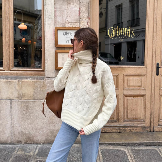Damen gemütlicher Pullover mit hohem Kragen und Kabelstrick EB