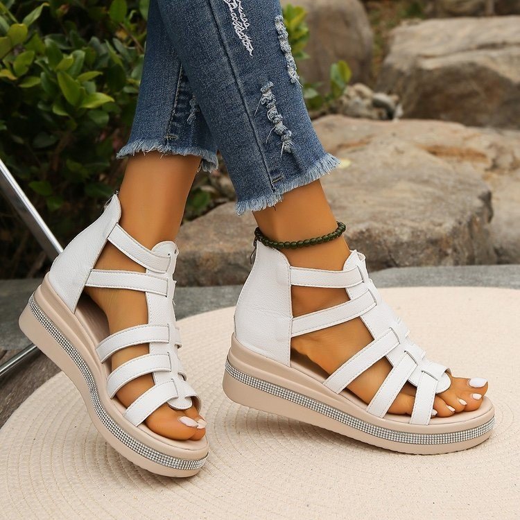 Damen Keil-Sandalen mit Gladiator-Riemen, Reißverschluss und gepolstertem Plateau EB
