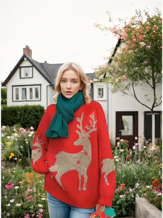 Damen Oversized Strickpullover mit auffälligem Schneeflockenmotiv und lässigen Ärmeln EB
