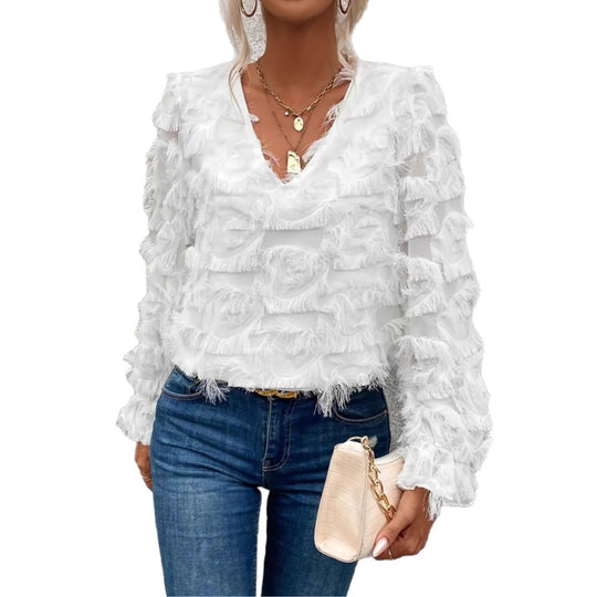 Damen luxuriöse Rüschenbluse mit V-Ausschnitt und feinen Details EB