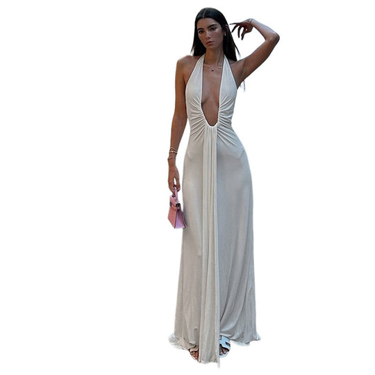 Damen Maxikleid mit tiefem V-Ausschnitt und eleganten Drapierungen EB