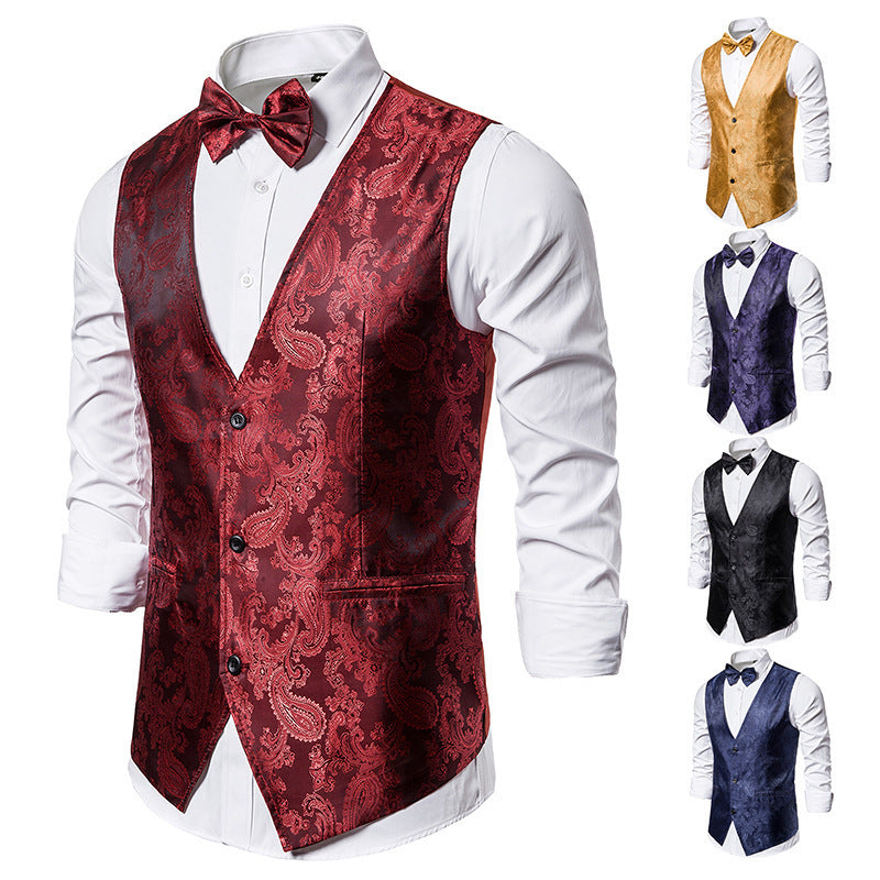 Herren nan taillierte Satinweste mit ornamentalem Jacquardmuster, V-Ausschnitt und drei Knöpfen EB