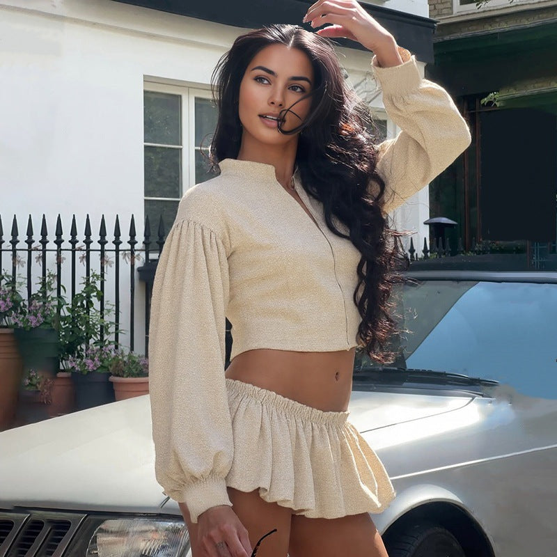 Damen Modische Jacke mit Puffärmeln und Stehkragen EB