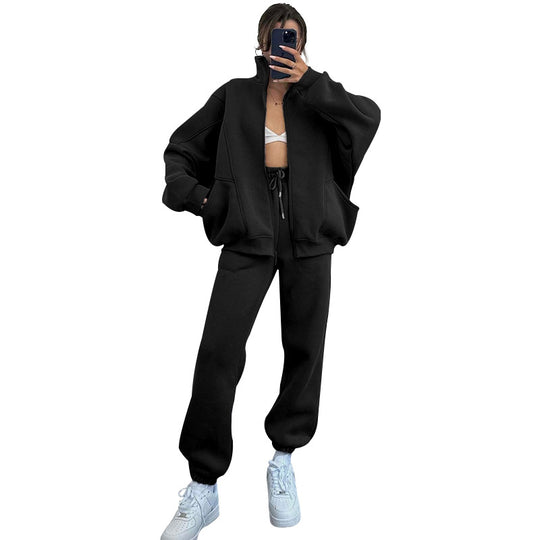 Damen gemütliches Sweatsuit mit hoher Kragen und praktischen Taschen EB