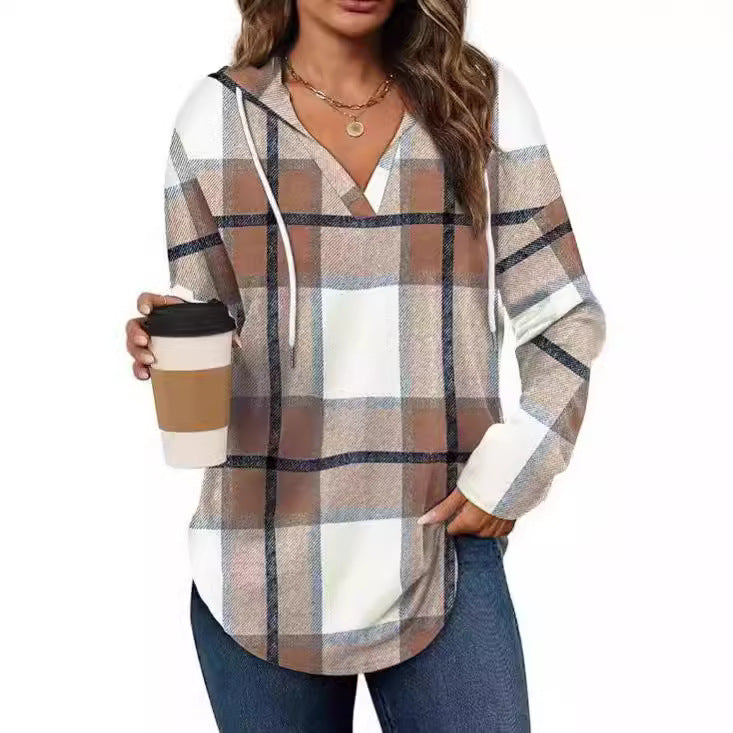 Damen lässige Karobluse mit Kapuze EB
