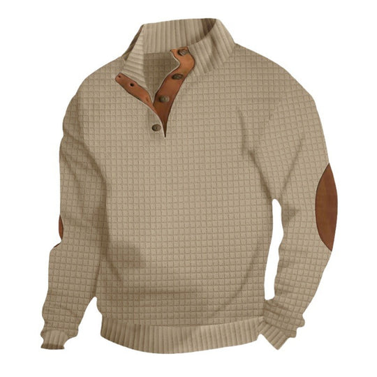 Herren nan strukturierter Ripp-Pullover mit kurzem Knopfkragen und Wildleder-Ellbogenpatches EB