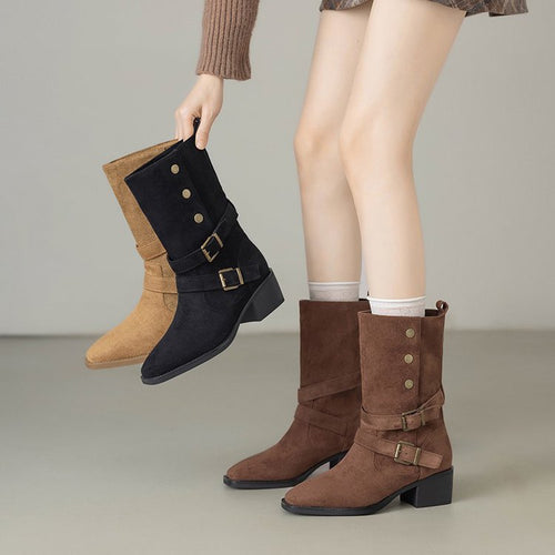 Damen Modische Stiefeletten mit verstellbaren Riemen und robustem Blockabsatz EB