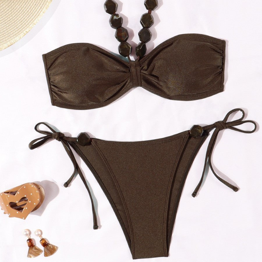 Damen Eleganter Bandeau-Bikini mit dekorativen Perlen EB