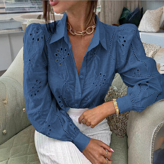 Damen Transparente Bluse mit Stickereien und Rüschendetails EB